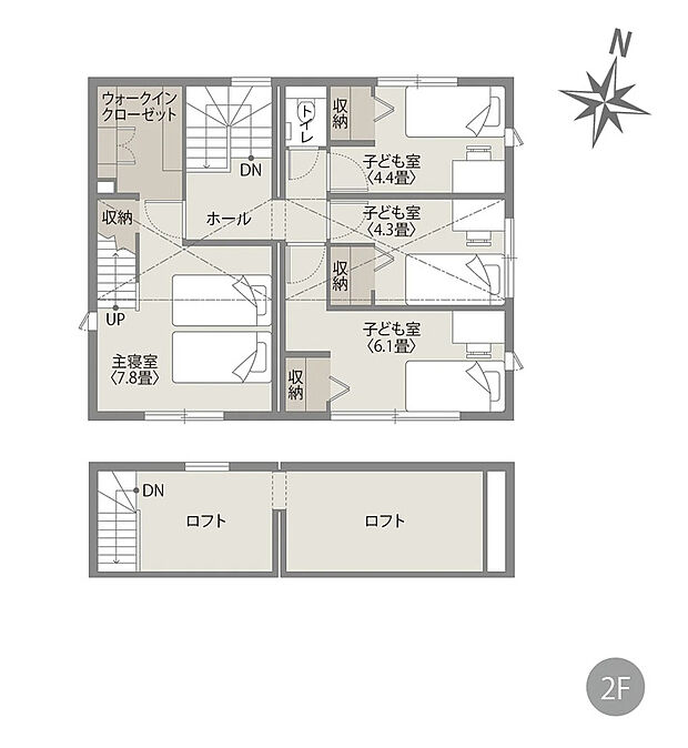【4LDK+ロフト】２階にはお子様のお部屋としても最適な洋室が３部屋あり、ウォークインクローゼットも完備していますので、季節物の洋服や大きなスーツケースなども収納できます！