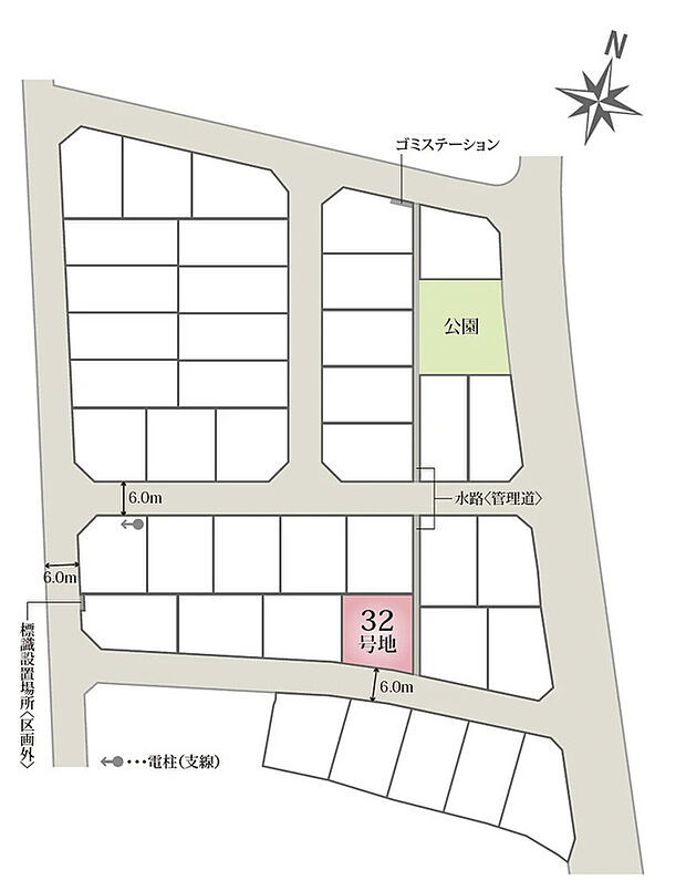 【全体区画図】分譲地内道路は6ｍあり、車の出入りや駐車も楽々ですね♪