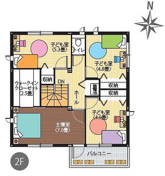 主寝室にはゆったりWICを設計し、お子様のお部屋は3部屋ご用意しております！どのお部屋も家具配置しやすいように設計しております！