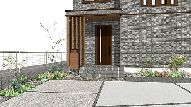 【6号棟完成予定図】機能門柱とシンボルツリーがお出迎えします。