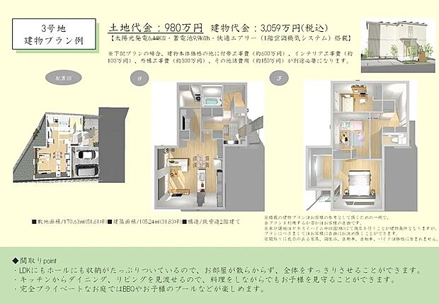 【3号地建物プラン例】外観は白とグレーを基調とした、清潔感あふれるイメージです。駐車スペースは車2台、余裕を持って停められる広さです。完全プライベートな中庭では、ワンちゃんと走り回ることも出来ます♪