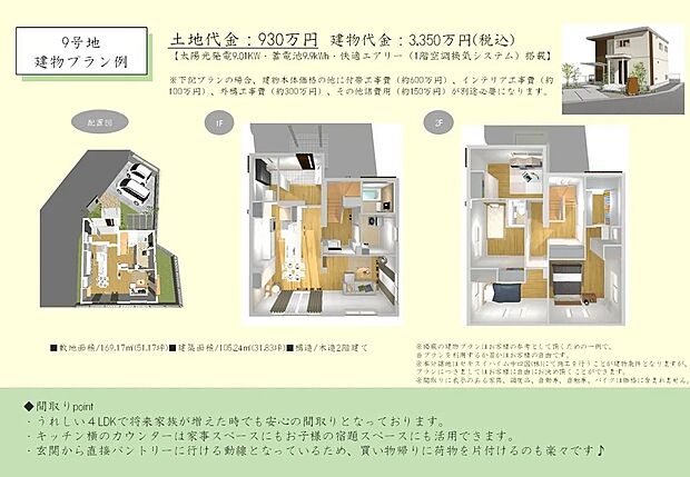 【9号地建物プラン例】外観は白と茶を基調とした、モダンなイメージです。敷地面積も広いため、広々とした室内空間を実現することができます。玄関から直接パントリーへ行ける動線も魅力的!!家事がグンとはかどること間違いなしです!