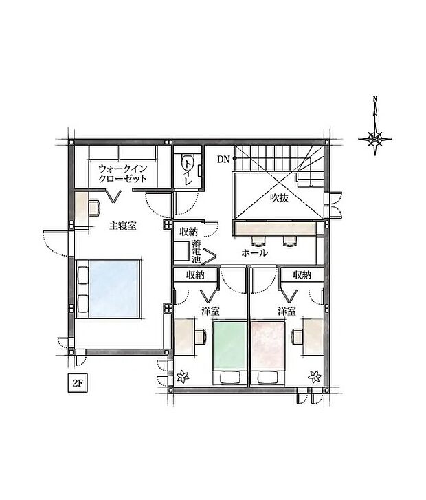 ★２階間取り図
家族それぞれの時間を大切にできる、ゆとりの個室設計。
ウォークインクローゼット付きで収納力も充実した２階空間♪