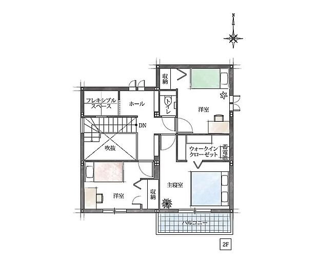 ★２階間取り図
家族それぞれの時間を大切にできる、ゆとりの個室設計。
ウォークインクローゼット付きで収納力も充実した２階空間♪
