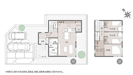 1F：47.73m2（14.43坪） 、2F：40.32m2

3LDK＋Sのプランで、家族それぞれの空間と使い勝手の良さを両立しています。 