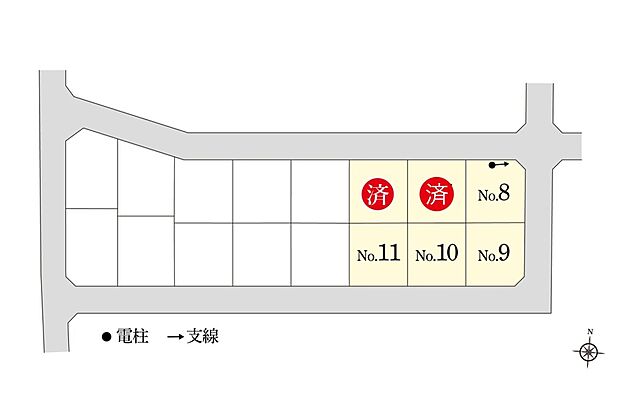 スマートハイムプレイスかみかわVI区画図
※電柱計画は変更になる可能性があります。掲載の区画図は設計図面を基に書き起こしたもので、実際と異なる場合があります。方位記号は若干の差異を生じる場合があります