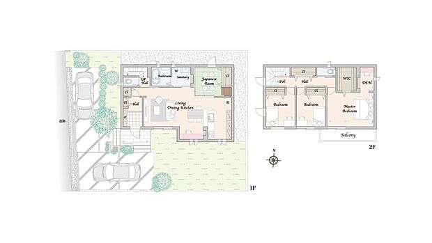 【4LDK＋WIC】主な設備：太陽光発電システム5.56kW、蓄電池13.2kWh

※掲載の間取り・外構・植栽等は図面を基に書き起こしたもので、実際と異なる場合があります。
※間取りに記載された家具類、自動車等は、一部を除き販売価格には含まれません。