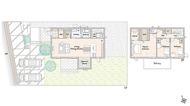 【4LDK+WIC+DEN】主な設備:太陽光発電システム 5.56kW、蓄電池 12.0kWh
※掲載の間取り・外構・植栽等は図面を基に書き起こしたもので、実際と異なる場合があります。
※間取りに記載された家具類、自動車等は、一部を除き販売価格には含まれません。
