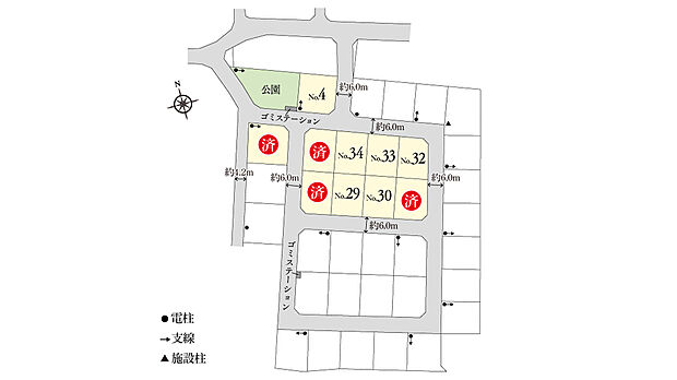 ※電柱計画は変更になる可能性があります。異なる場合は現況を優先とさせていただきます。
※掲載の区画図は設計図面を基に書き起こしたもので、実際と異なる場合があります。異なる場合は現況を優先とさせていただきます。
※方位記号は若干の差異を生じる場合があります。
※確定測量の結果、誤差が生じた場合は精算いたしません。
※坪数は1m2=0.3025坪、小数点第3位以下は切り捨てで計算しています。