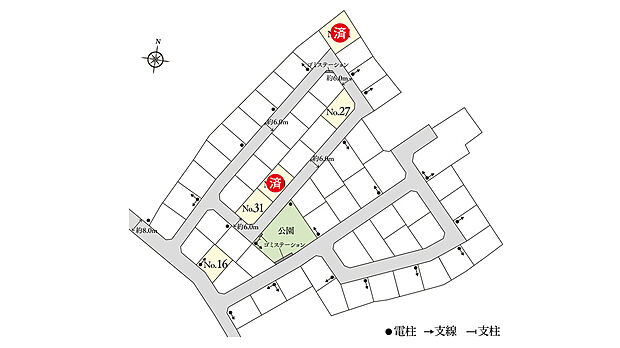 ※電柱計画は変更になる可能性があります。異なる場合は現況を優先とさせていただきます。
※掲載の区画図は設計図面を基に書き起こしたもので、実際と異なる場合があります。異なる場合は現況を優先とさせていただきます。
※方位記号は若干の差異を生じる場合があります。
※確定測量の結果、誤差が生じた場合は精算いたしません。
※坪数は1m2＝0.3025坪、小数点第3位以下は切り捨てで計算しています。