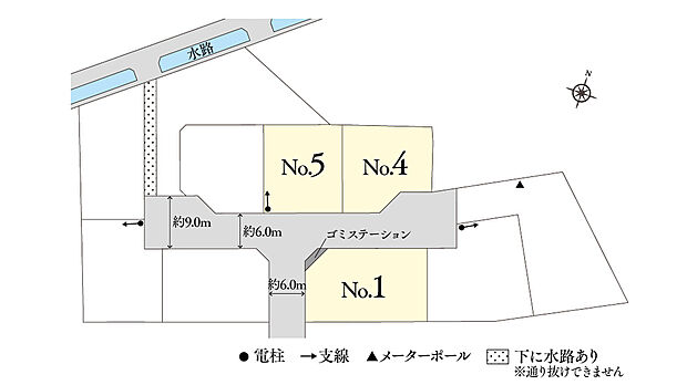 ※電柱計画は変更になる可能性があります。異なる場合は現況を優先とさせていただきます。
※掲載の区画図は設計図面を基に書き起こしたもので、実際と異なる場合があります。異なる場合は現況を優先とさせていただきます。
※方位記号は若干の差異を生じる場合があります。
※確定測量の結果、誤差が生じた場合は精算いたしません。
※坪数は1m2＝0.3025坪、小数点第3位以下は切り捨てで計算しています。