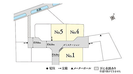 ※電柱計画は変更になる可能性があります。異なる場合は現況を優先とさせていただきます。
※掲載の区画図は設計図面を基に書き起こしたもので、実際と異なる場合があります。異なる場合は現況を優先とさせていただきます。
※方位記号は若干の差異を生じる場合があります。
※確定測量の結果、誤差が生じた場合は精算いたしません。
※坪数は1m2＝0.3025坪、小数点第3位以下は切り捨てで計算しています。 