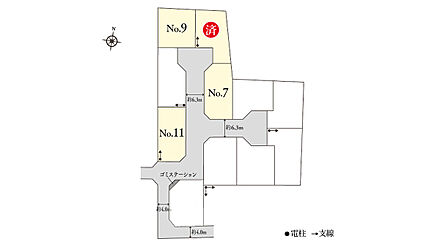 ※掲載の区画図は設計図面を基に書き起こしたもので、実際と異なる場合があります。異なる場合は現況を優先とさせていただきます。
※方位記号は若干の差異を生じる場合があります。
※確定測量の結果、誤差が生じた場合は精算いたしません。
※坪数は1m2＝0.3025坪、小数点第3位以下は切り捨てで計算しています。 