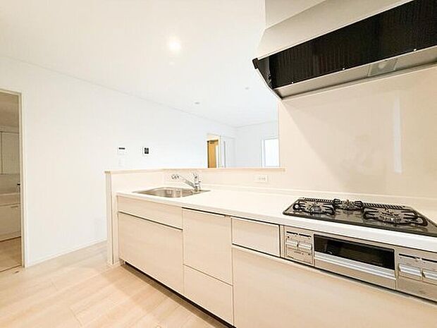 リビングやダイニングとつながる対面式のシステムキッチン。広々とした調理スペースに加え、収納力も豊富で機能性が高く、使い勝手良好。料理をしながら家族やゲストと自然に会話が楽しめる設計です。