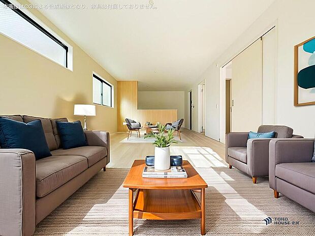 〈2号棟〉
リビングに広がる開放的な空間は家族が自然と集まり笑顔が絶えません。大きな窓から差し込む光が明るさと心地よさをもたらます。（本画像はCGによる合成画像となります。家具は付属しておりません。）