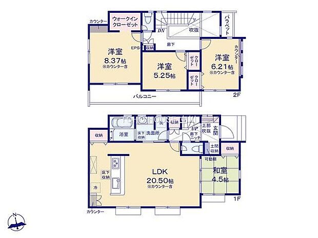 【4LDK】こちらの間取り図で、お部屋の配置や動線をイメージしていただけます。お部屋ごとの広さやレイアウトを参考に、生活のシーンを思い描いてみてください。