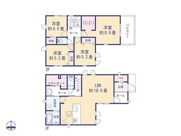 5180万円、4LDK、土地面積114.82m2、建物面積105.3m2
18帖LDKを中心に、水回りを集約した家事ラク動線を採用。ファミリークローゼットやWIC、全居室収納付きで、快適に暮らせます。