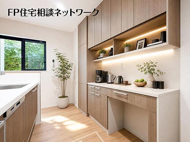 リビングを見渡せ家族の気配を感じられる、そんな空間を演出できるキッチンです。(本画像はCGで作成しており、実際に現地に家具・家電等はおかれておりません。また価格に家具・家電等は含まれておりません。)