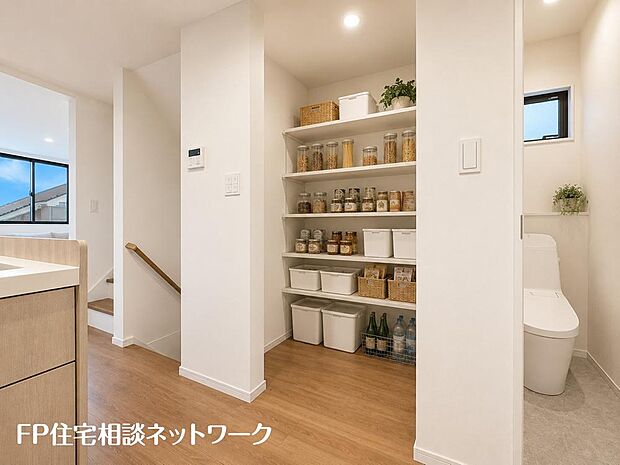 【リビング】キッチン隣には、ストック食材や調理家電の収納に便利なパントリー収納付です♪（本画像はCGで作成しており、実際に現地に家具はおかれておりません。また価格に家具は含まれておりません。）