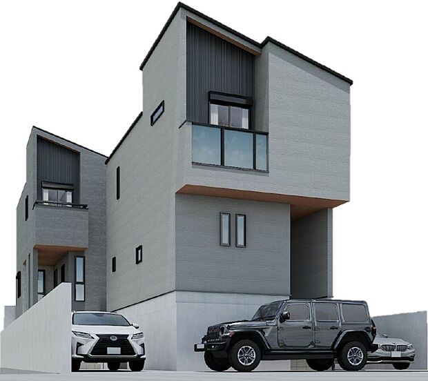 外観イメージパース（※車はイメージです。価格には含まれません。）左：2号棟、右：1号棟