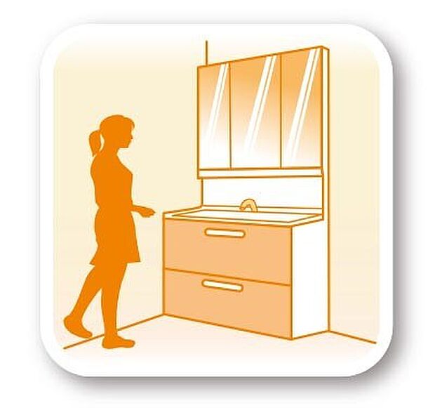 【三面鏡洗面化粧台】朝の身支度も快適スムーズになるゆとりの洗面スペース。ノズルを引き出して使えるハンドシャワー付水栓付きなので使い勝手が良く、お掃除もラクラクです。