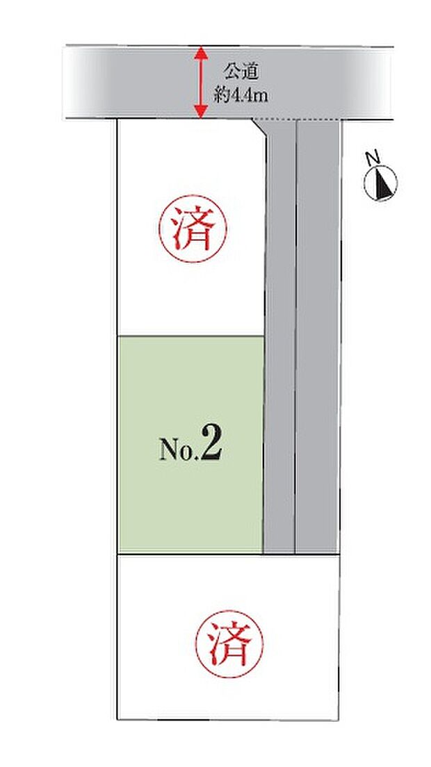 全体区画図　分譲地内の協定道路は私有地につき車の通り抜けもございませんので、安心して駐車場への出し入れや徒歩、自転車での通行をして頂けます。