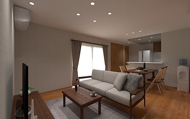 【リビング】家族の会話が弾む、広々としたLDK。自然光がたっぷり差し込む明るい空間で、ゆったりとした時間を過ごせます。