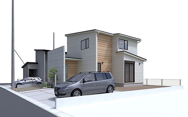 【No.6】白壁に木目調が映えるNo.6。分譲地内道路は約6.0mと広く、運転が苦手な方でもスムーズに駐車可能！毎日の車の出し入れが快適な、ゆとりの並列3台カースペースです。