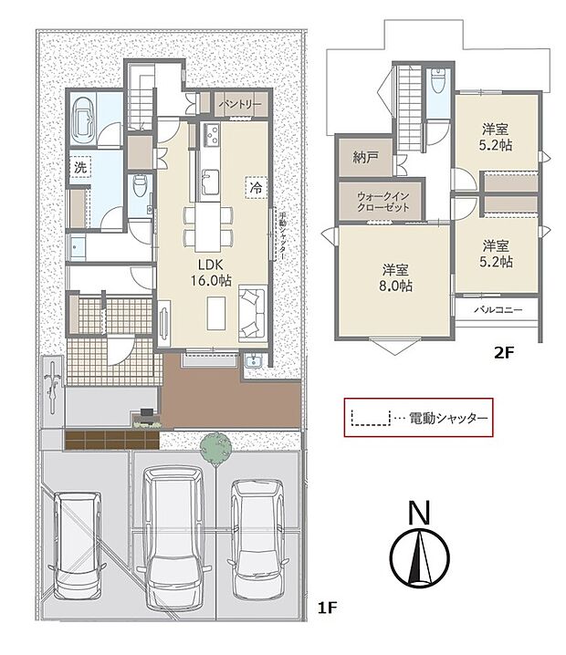 〈No.1号棟　間取図〉
16帖LDKはキッチンから全体が見渡せ、家事と子育てを両立。パントリー付きで収納充実。2階は3部屋＋WIC＋納戸でお子様の成長後も安心。駐車3台可。
2階は主寝室8帖＋2