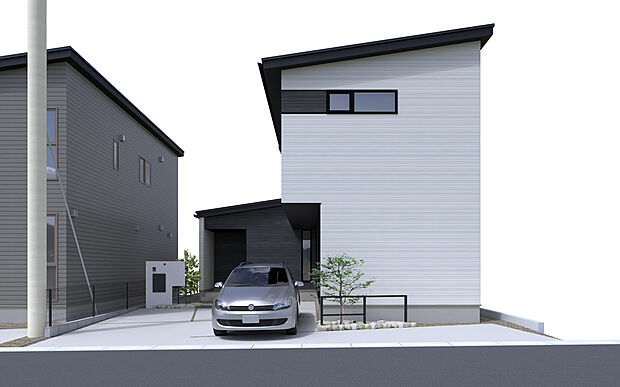 No.1号棟　外観イメージ
シャープな片流れ屋根が印象的な外観。モノトーン配色で、街並みに映える洗練されたデザインです。

※掲載の外観・内観パースはすべて完成予想イメージです。