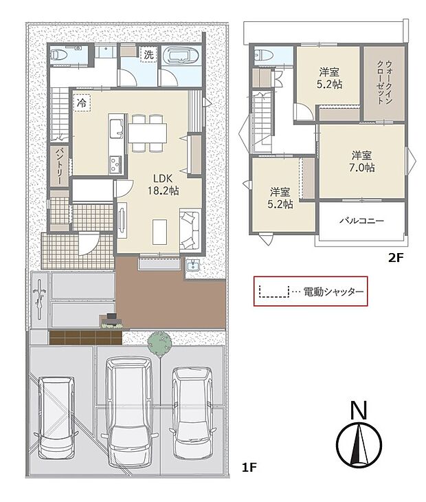 18.2帖LDKにパントリーを備えた家事ラク設計。
WICや各居室収納、並列3台駐車も魅力の3LDK。