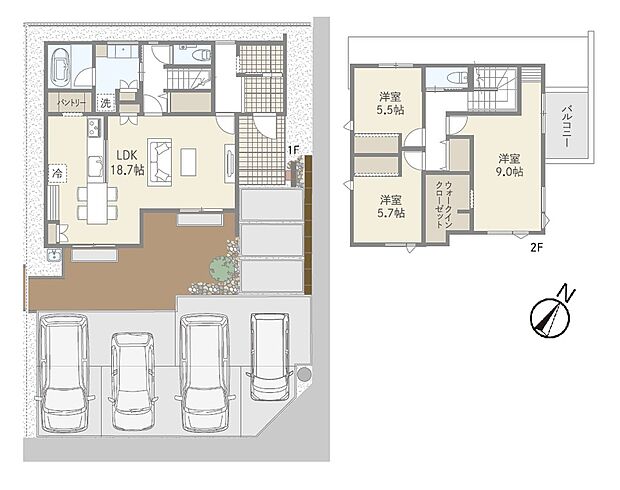 【3LDK】角地の開放感とゆとりのある敷地が魅力。
18.7帖の広々LDKや2階主寝室9帖＋WICなど、ゆとりと収納を兼ね備えたプランです。