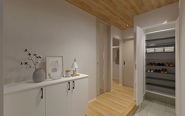 【No.3号棟　収納充実の玄関】玄関まわりに収納をしっかり確保し、靴や小物もすっきり。来客時も第一印象が整う使いやすい玄関です。