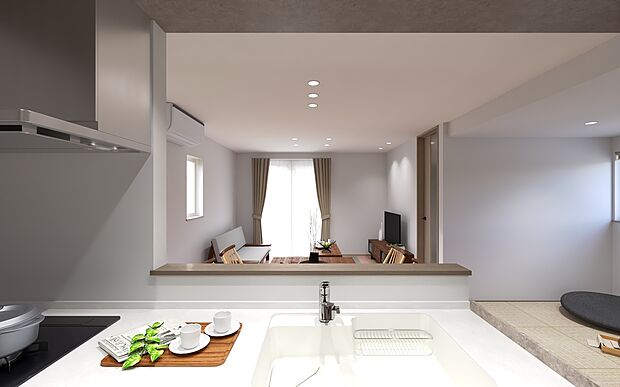 【No.2号棟 キッチンイメージ】リビングやタタミコーナーまで見渡せる対面キッチン。家族の様子を感じながら家事ができます。