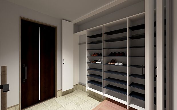 【No.2号棟 玄関イメージ】可動棚付きの大容量シューズクロークを備えた玄関。家族分の靴や小物もすっきり収納できます。