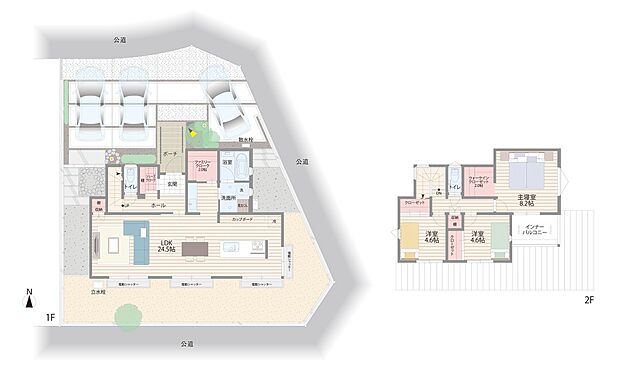 【3LDK】南側いっぱいの広々LDK。キッチンから水回りやファミリークロークとアクセスしやすい家事楽動線。シューズクロークを設け、靴や雨具、お子様の遊び道具などひとまとめに収納できます。