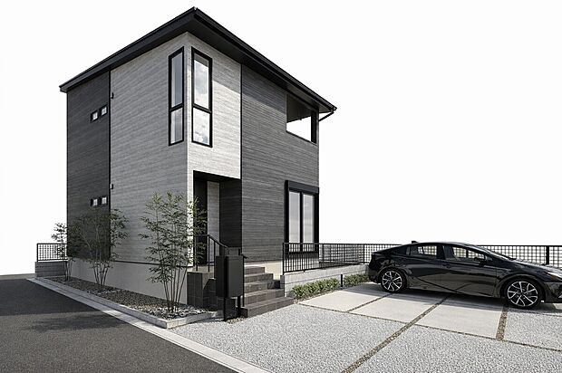 【No.1】外観完成予想図
駐車スぺ―ス並列3台。19.5帖の広々としてLDK.。直線でつながった水回り動線が機能的な家