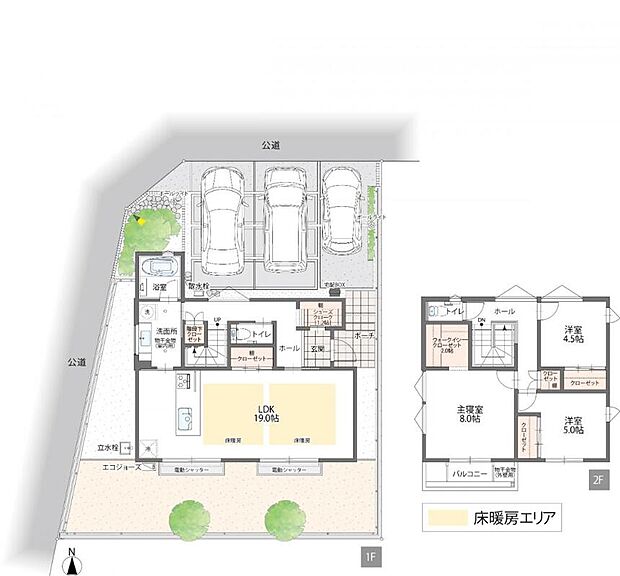 ３LDK＋ウォークインクローゼット＋シューズクローク。
並列駐車3台が可能。角地の開放感が魅力の家。
