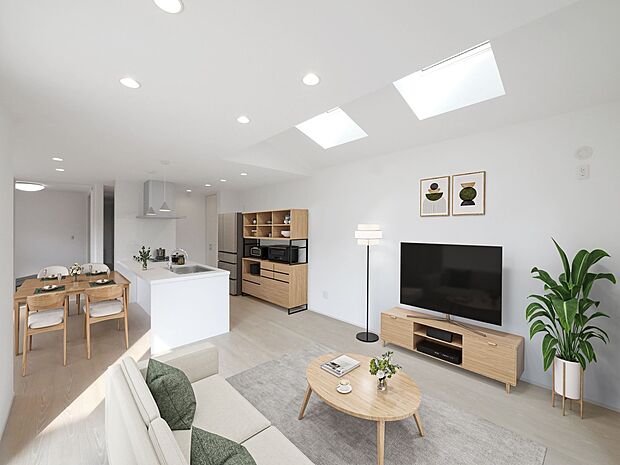 【【No.13】リビング】リビングは白色のカラーで統一されており、木目調の家具との親和性が高く、いつまでも新居のような気持ちで生活を送ることが出きます。※家具はイメージと異なる場合がございます。