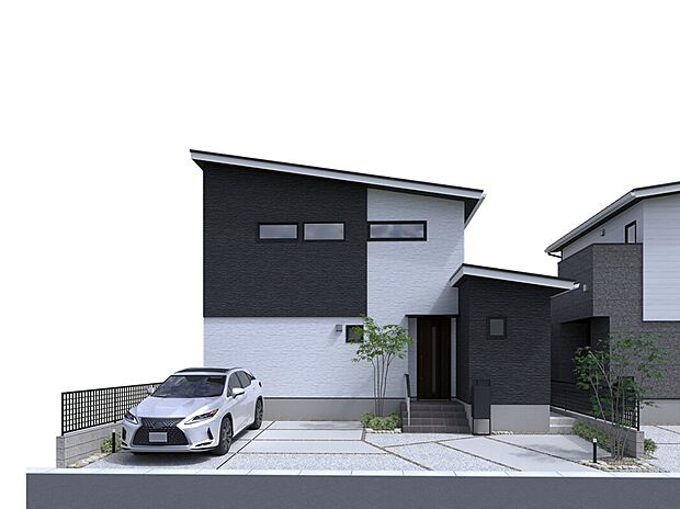 【【B-1】分譲地外観】白と黒を基調としたモノトーンの外観が洗練された印象を演出し、庭付きのゆとりある住環境が日々を豊かにします。さらに3台以上を停められる広々とした駐車スペースも備え、快適な暮らしを支えます。