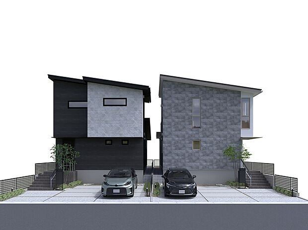 【分譲地外観】白・黒・グレーを基調としたシンプルな外観が、街並みにすっとなじむ全2棟の分譲住宅。 無駄を省いたデザインは、年月を重ねても飽きが来にくく、家族の暮らしに自然と寄り添います。
