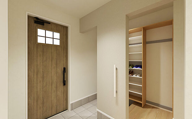 【No.2　玄関パース】玄関には使い勝手の良いウォークスルー型土間収納を設置。可動棚とハンガー掛けで自在に収納でき、快適な帰宅動線を実現します。