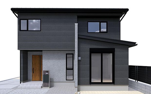 【No.1　外観パース】シャープでモダンな外観が目を惹くNo.1。外壁はダークグレーをベースに、一部にライトグレーのアクセントウォールを大胆に配置し、都会的で洗練された佇まいを演出しています。