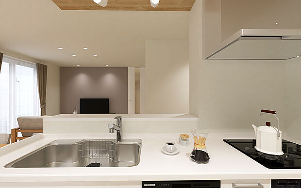 【No.2　キッチンパース】キッチンの正面にはリビングが広がり、料理をしながら家族の様子が自然と目に入る安心のレイアウト。