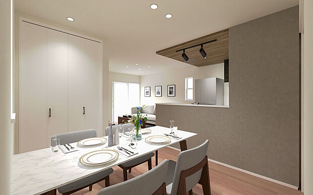 【No.2　キッチンパース】キッチンが対面式カウンターになっているため、料理を作りながらご家族と会話を楽しんだり、お子様の様子を見守りながら配膳や後片付けをしたりと、スムーズでストレスのない日常を実現します。