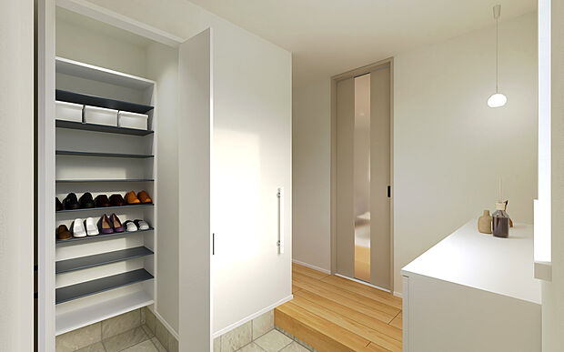 【No.9　玄関パース】ゆとりのある土間と広めのシューズクロークで、玄関はいつもすっきり。収納力と使いやすさを兼ね備えた空間です。