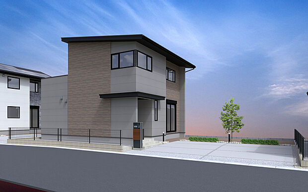 【No.10　外観】シャープな片流れ屋根と、温かみのある木目調のアクセントが調和した都会的な佇まい。角を強調した窓配置が、デザイン性と開放感を両立させます。大型分譲地の完結を飾るにふさわしい、感性を満たす住まいです。
