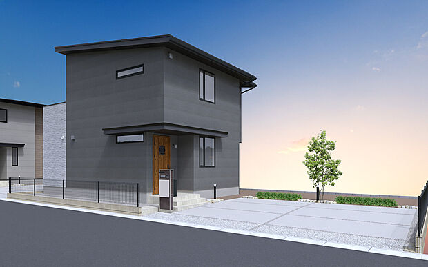 【No.11　外観】シックなダークカラーを纏った、モダンで引き締まった佇まい。木目調の玄関ドアが美しいアクセントとなり、落ち着きと気品を両立。凛とした外観が上質な暮らしを物語ります。