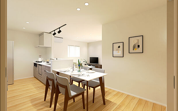 【No.9　ダイニングパース】キッチン横にダイニングを配置し、配膳や片付けがスムーズな時短動線を実現。お料理中も家族と顔を合わせやすく、忙しい朝も会話を楽しみながら効率よく過ごせる設計です。