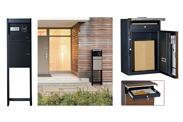【[宅配BOX]】不在時はもちろんのこと、非対面でも安心して荷物を受取ることが出来る宅配ボックスは、内側にも扉が付いているので雨が入りにくく、使用中か分からないようになっているので防犯面でも安心な設計です。外観に溶け込むスタイリッシュなデザインも魅力のひとつです。(参考写真)